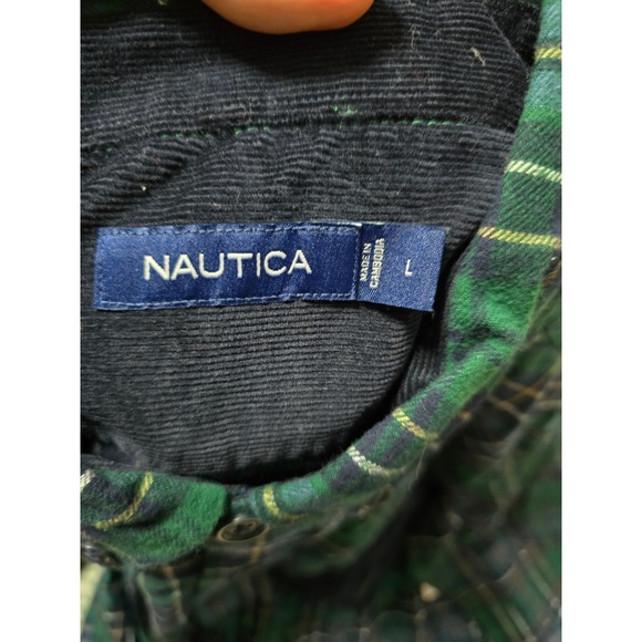 NWT Nautica Mens Flannel L Plaid Corduroy Elbow Patches Pockets Tidal Green (A) - Picture 8 of 10